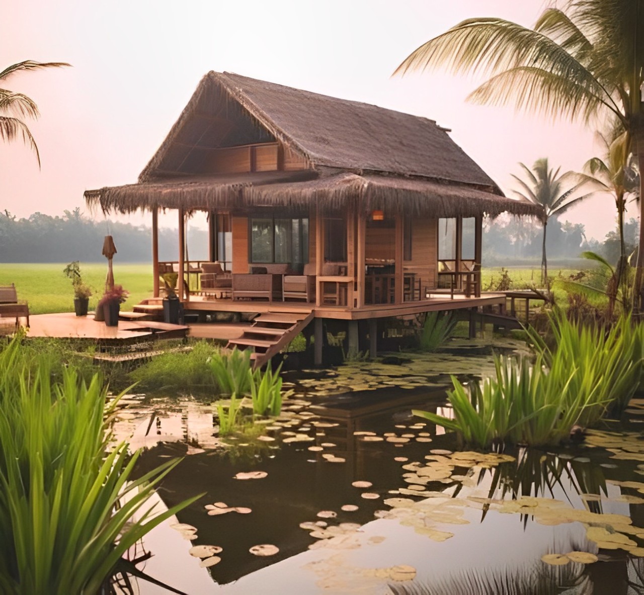 Rumah minimalis di pedesaan dengan sentuhan kayu alami, dikelilingi taman hijau yang asri dan menenangkan.