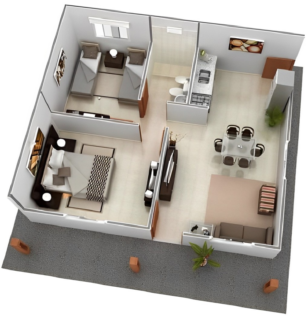Desain ruang keluarga minimalis dengan ruang tamu, dapur, kamar mandi untuk rumah 2 kamar tidur.