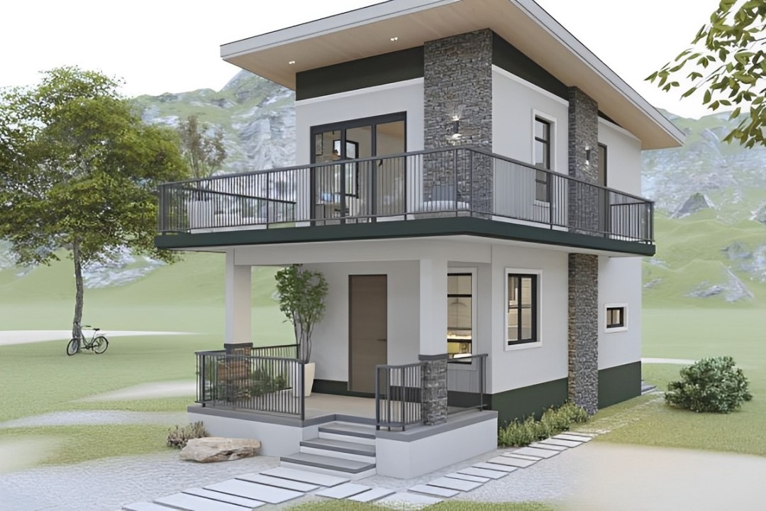 Ilustrasi rumah minimalis dua lantai dengan balkon cantik yang memberikan kesan elegan dan modern.