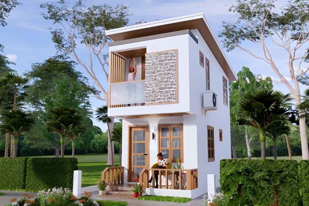 Ilustrasi rumah minimalis dua lantai dengan balkon cantik yang memberikan kesan elegan dan modern.