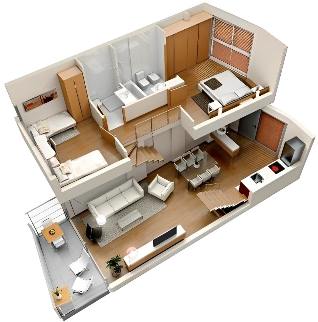 Ruang minimalis dua lantai dengan furnitur multifungsi dan jendela besar, terlihat estetis dan nyaman.