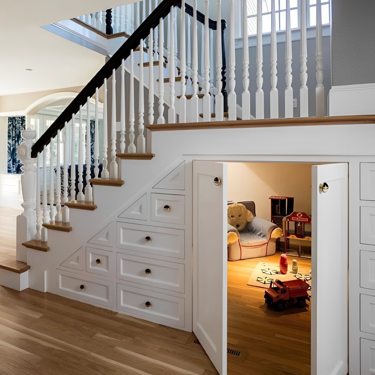 Desain interior rumah minimalis dua lantai dengan storage di bawah tangga, bahkan ruang bermain anak tersembunyi
