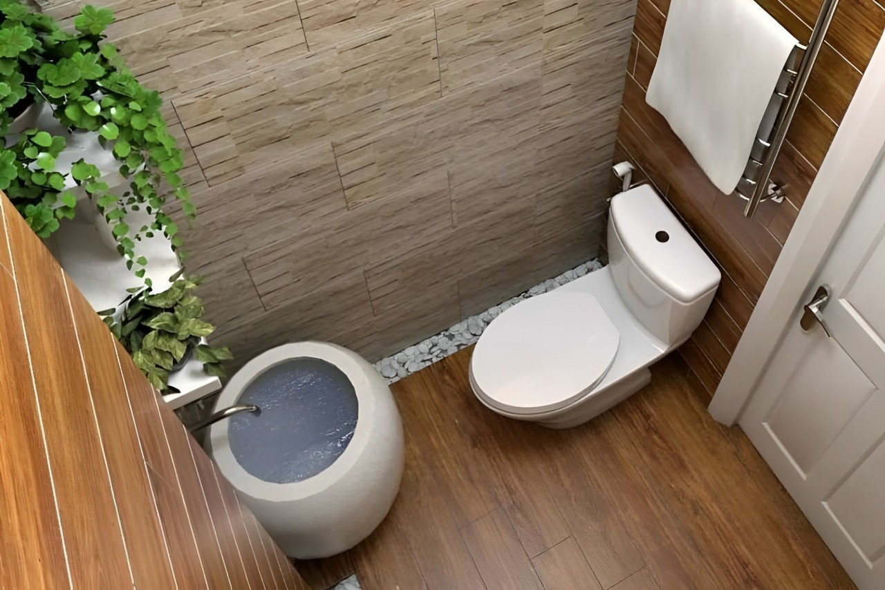kamar mandi WC duduk minimalis modern dengan konsep hemat budget yang tetap elegan.