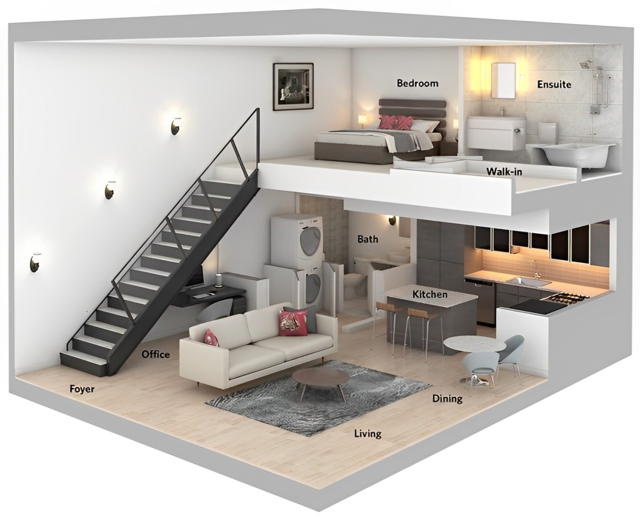 Mezzanine ruang tambahan untuk ruang tidur, ruang kerja, atau bahkan ruang hobi.