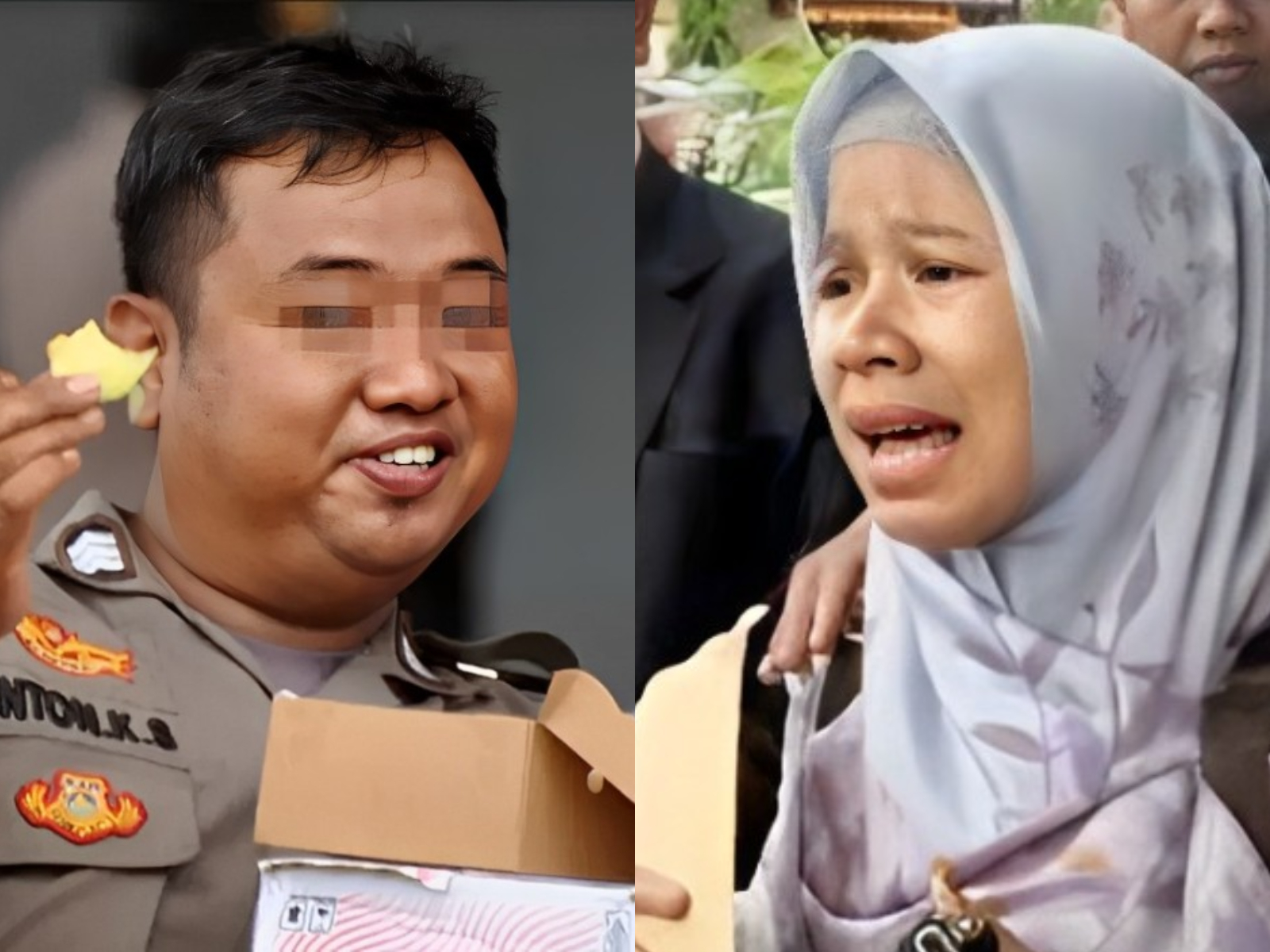 Kiri- Oknum polisi di Kalteng, Brigadir Polisi AK. Kanan. Istri sopir Taxi Online terisak Menuntut Keadilan