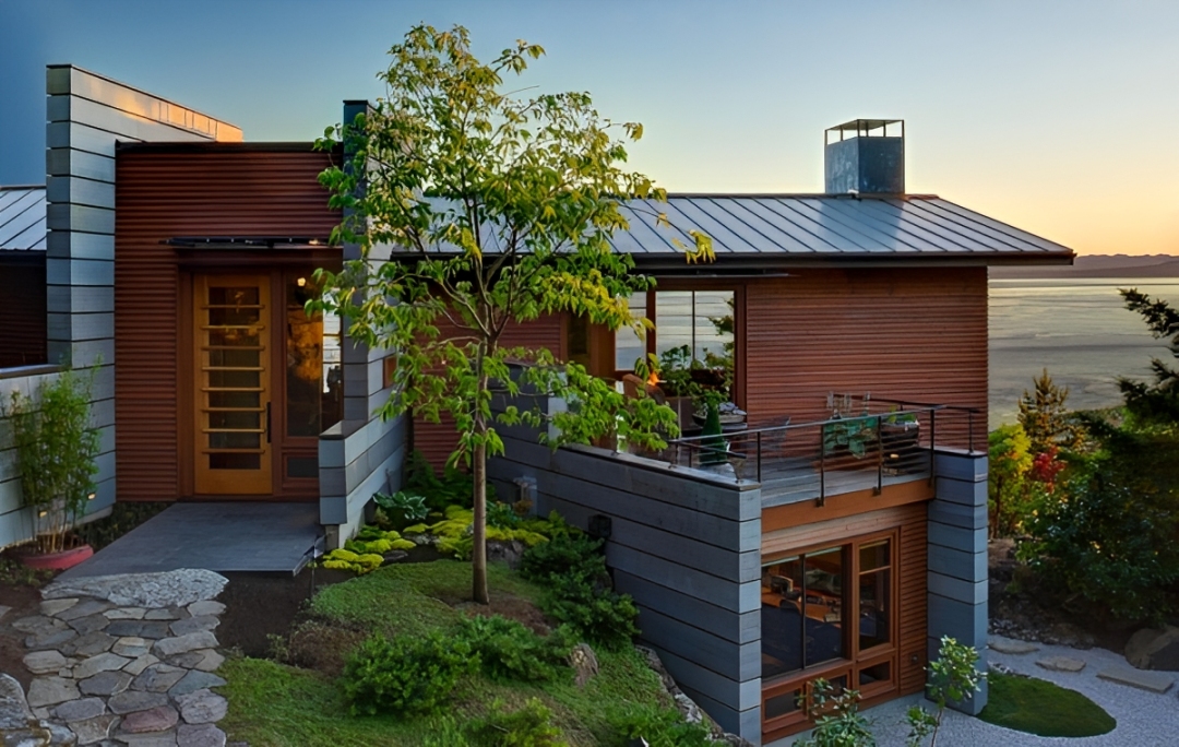 Desain rumah minimalis berkelanjutan dengan ruang hijau dan panel surya di atap, solusi hunian masa depan yang ramah lingkungan dan estetik.
