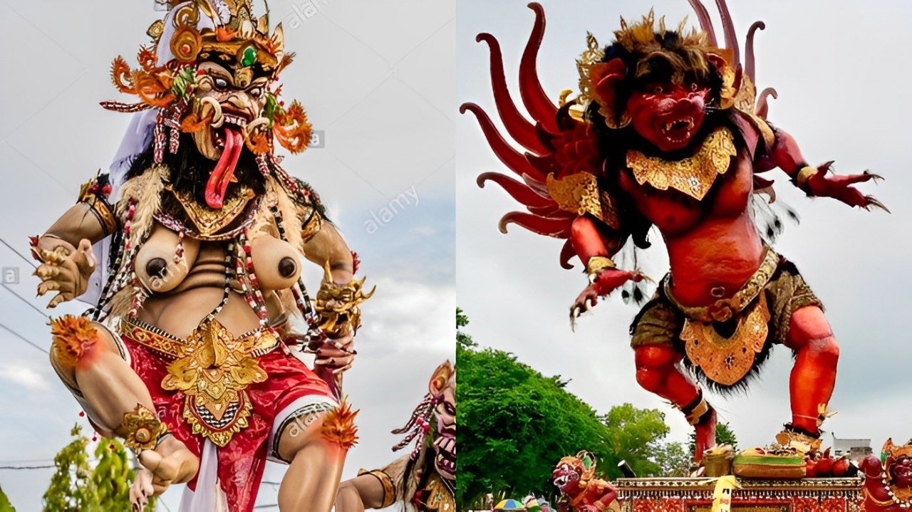 Ogoh-Ogoh Bali, patung menyeramkan yang melambangkan pengusiran roh jahat dan menjaga keseimbangan alam, penuh makna dan seni.