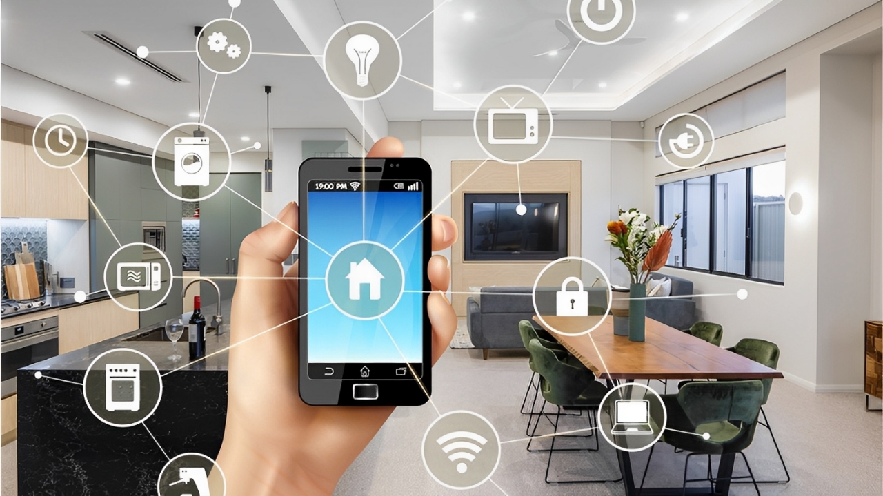 Rumah minimalis dengan teknologi cerdas seperti smart lamp, CCTV, dan smart lock. Keyword: rumah minimalis, teknologi cerdas, hunian pintar.
