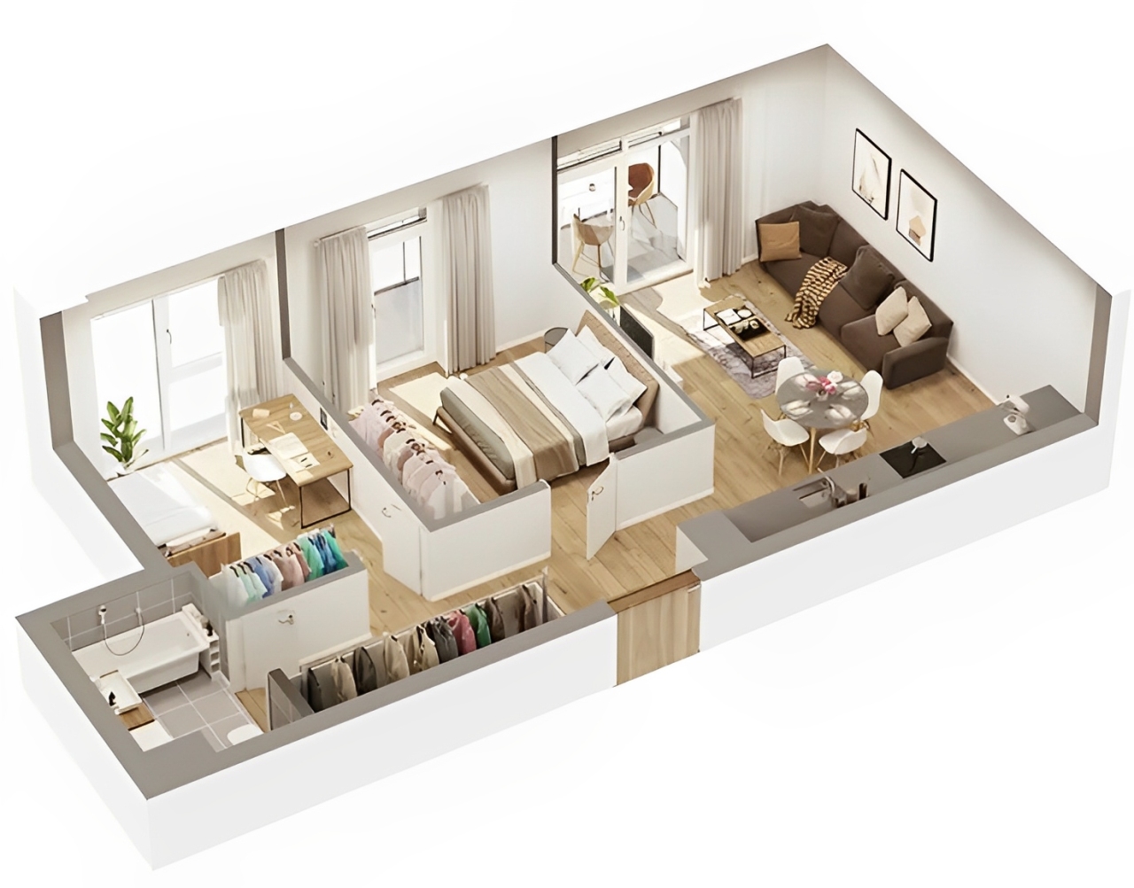 Desain rumah minimalis 2 kamar dengan partisi fleksibel dan furnitur multifungsi yang siap berubah sesuai kebutuhan penghuninya.