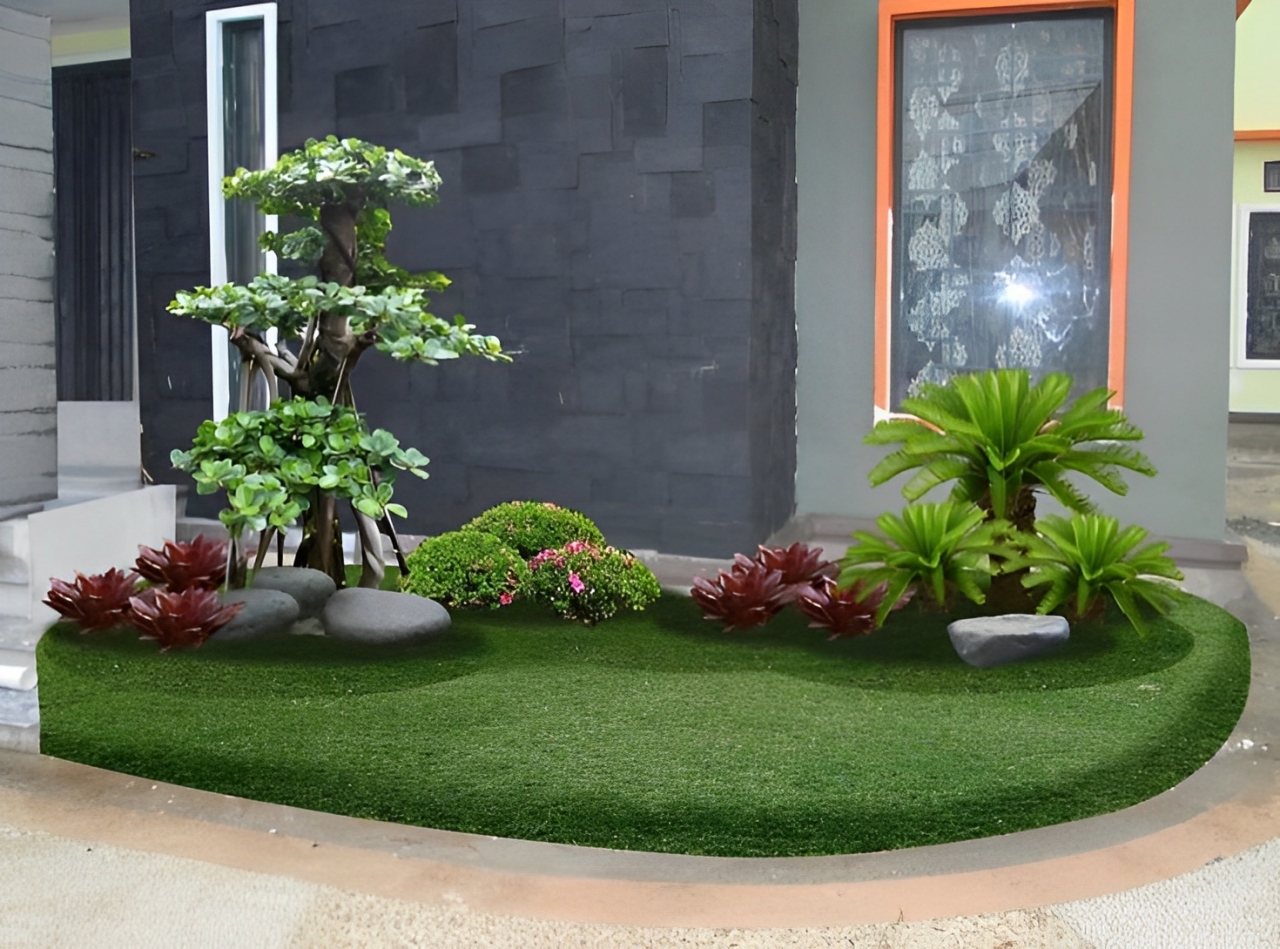 Tata taman minimalis anti ular dengan tanaman seperti serai, lavender, dan pencahayaan estetik