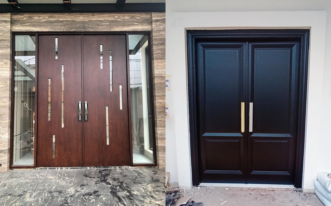 Gambar model pintu 2 daun mewah minimalis dengan desain kayu jati dan panel kaca elegan. Cek inspirasi kece ini, Cess!