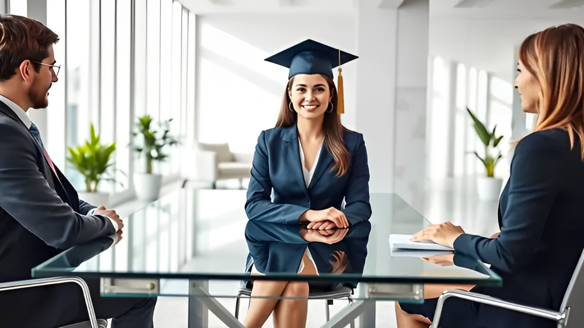 Ilustrasi fresh graduate sedang menghadapi interview kerja, belajar menjawab pertanyaan tentang kekurangan diri dengan percaya diri dan strategi yang tepat.​