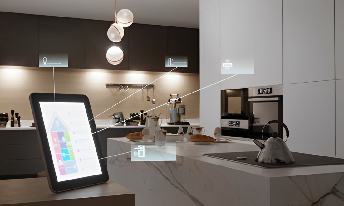 Foto rumah pintar modern dengan fitur kontrol suara, lampu pintar, dan perangkat tanpa sentuh