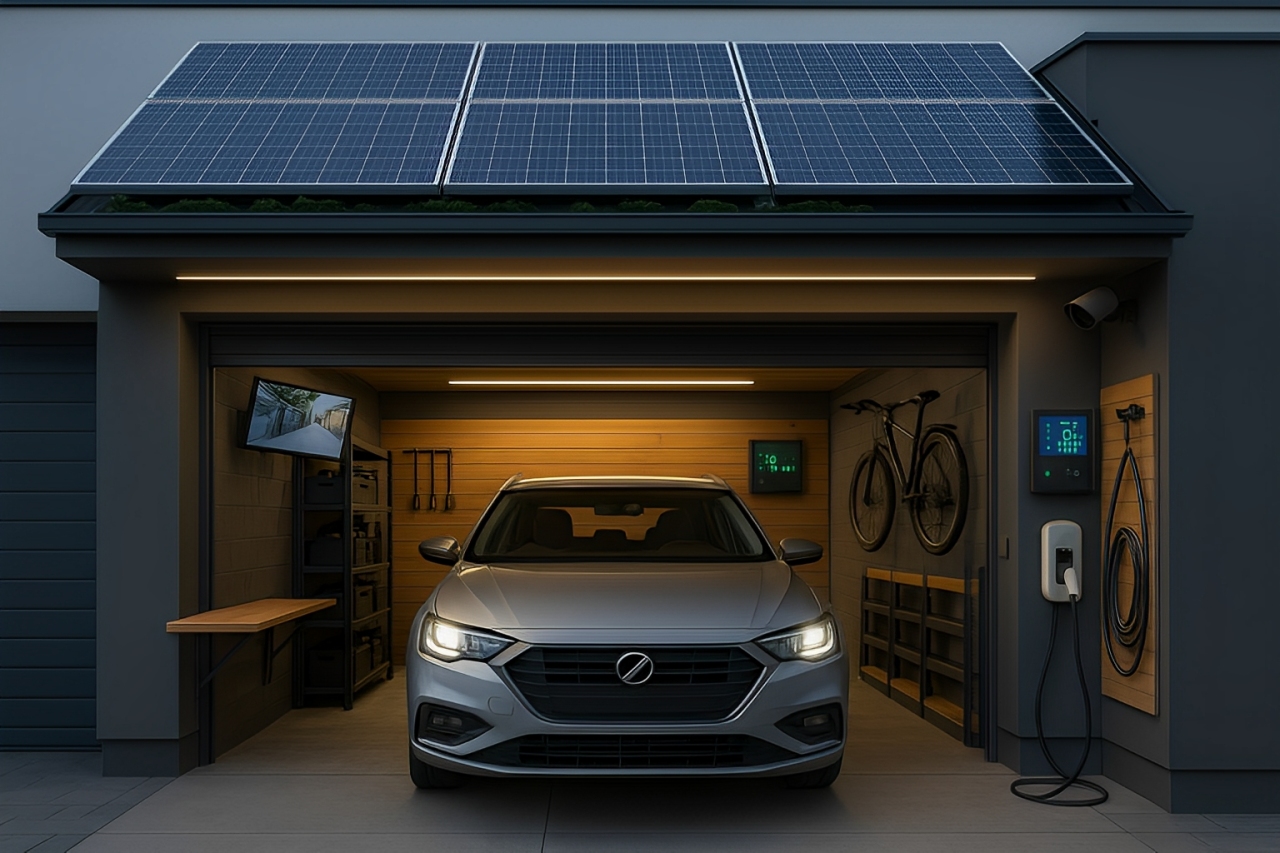Ilustrasi desain garasi minimalis modern dengan charging station dan panel surya, solusi ramah lingkungan masa depan. Cek inspirasinya sekarang, Cess!