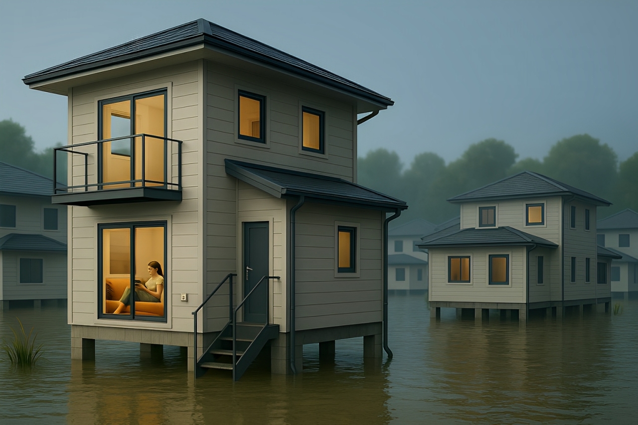 Ilustrasi rumah minimalis anti banjir dengan detail arsitektur kecil dan material tahan air. Yuk, cek tipsnya Cess!