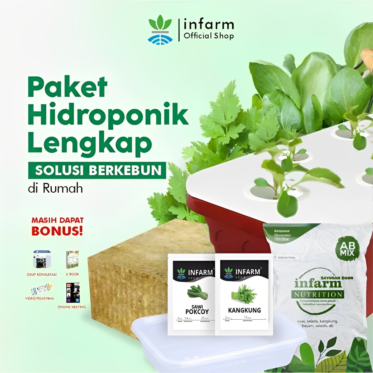 Ilustrasi paket hidroponik pemula lengkap berisi sistem wick, bibit, nutrisi, dan panduan praktis untuk budidaya tanaman di rumah