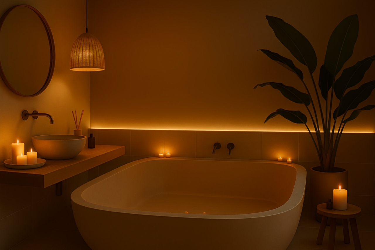 Desain kamar mandi minimalis estetik dengan sentuhan alami dan pencahayaan lembut, ciptakan suasana relaksasi.