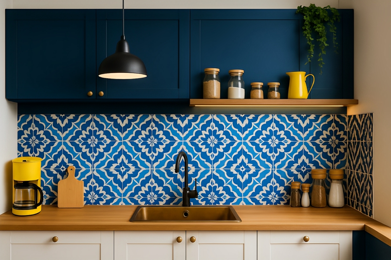 Inspirasi desain dapur mini maksimalis dengan kombinasi warna bold dan pola unik bikin dapur mungil tetap eye-catching!
