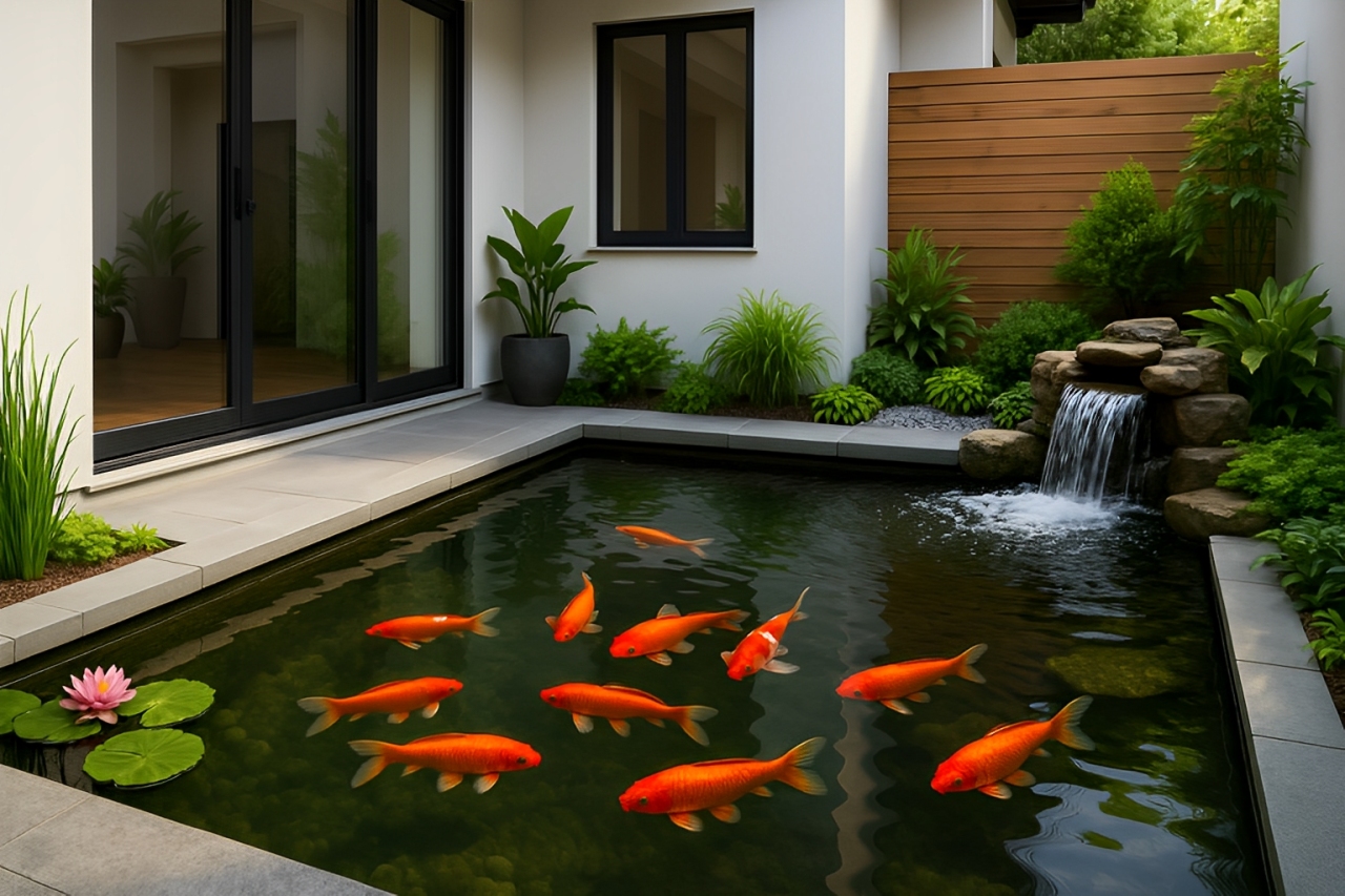 Kolam ikan feng shui di rumah minimalis dengan ikan emas dan elemen air yang tertata estetis. Kolam ikan jadi magnet rezeki, lho!