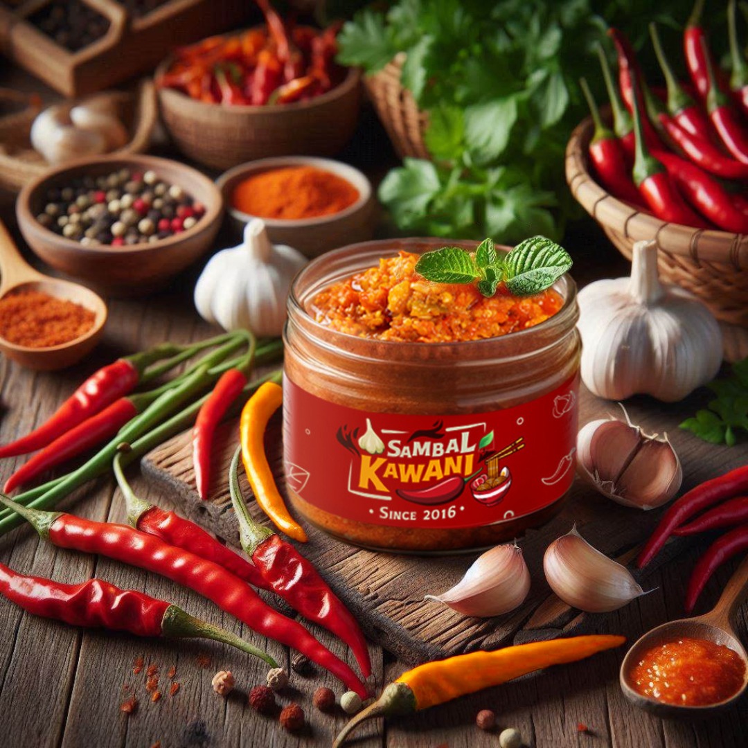 Foto produk Sambal Kawani kemasan dengan latar dapur rumahan; menonjolkan kesan autentik dan kata kunci &ldquo;sambal kemasan khas Indonesia&rdquo; yang siap go internasional.