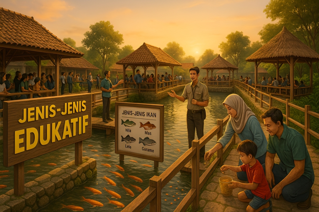 Kolam ikan desa yang disulap menjadi tempat wisata edukatif, menarik minat wisatawan untuk belajar dan berlibur.