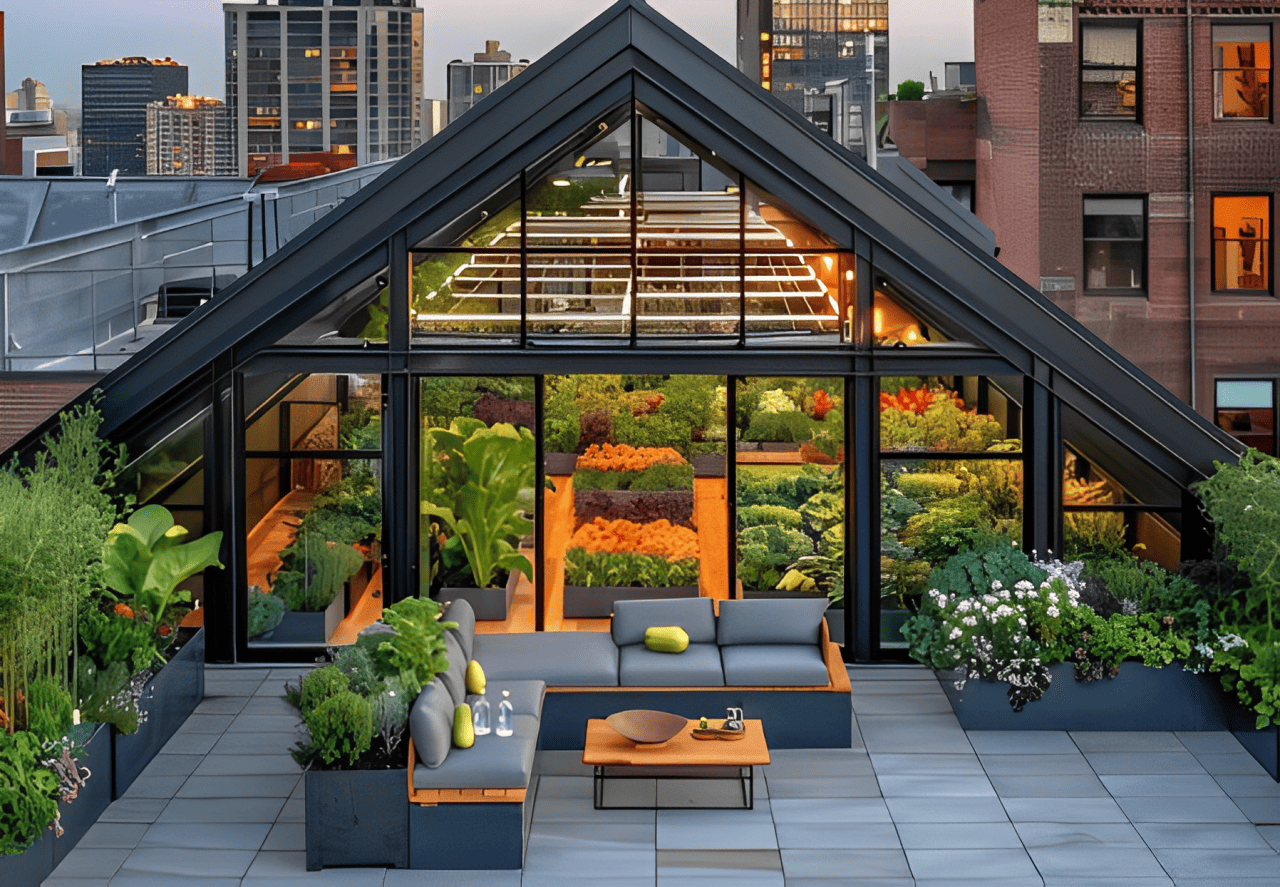Desain greenhouse kolam ikan akuaponik minimalis di rooftop rumah, solusi urban farming di lahan sempit perkotaan.