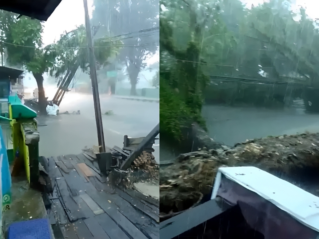 Kondisi cuaca ekstrem menunjukkan pohon tumbang dan tiang listrik roboh di kawasan Manggar, Balikpapan.