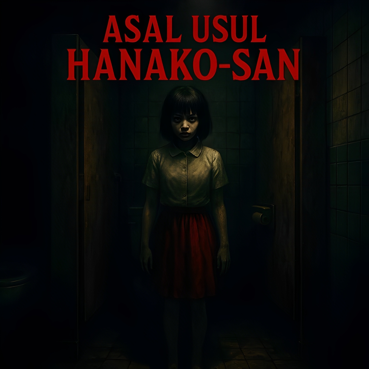 Ilustrasi hantu Hanako San dengan rok merah di toilet sekolah Jepang,