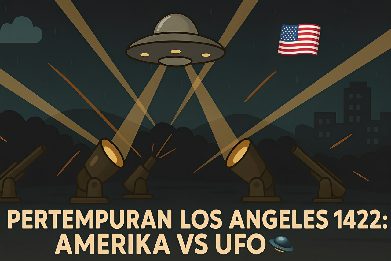 Ilustrasi langit malam Los Angeles dengan sorotan lampu.