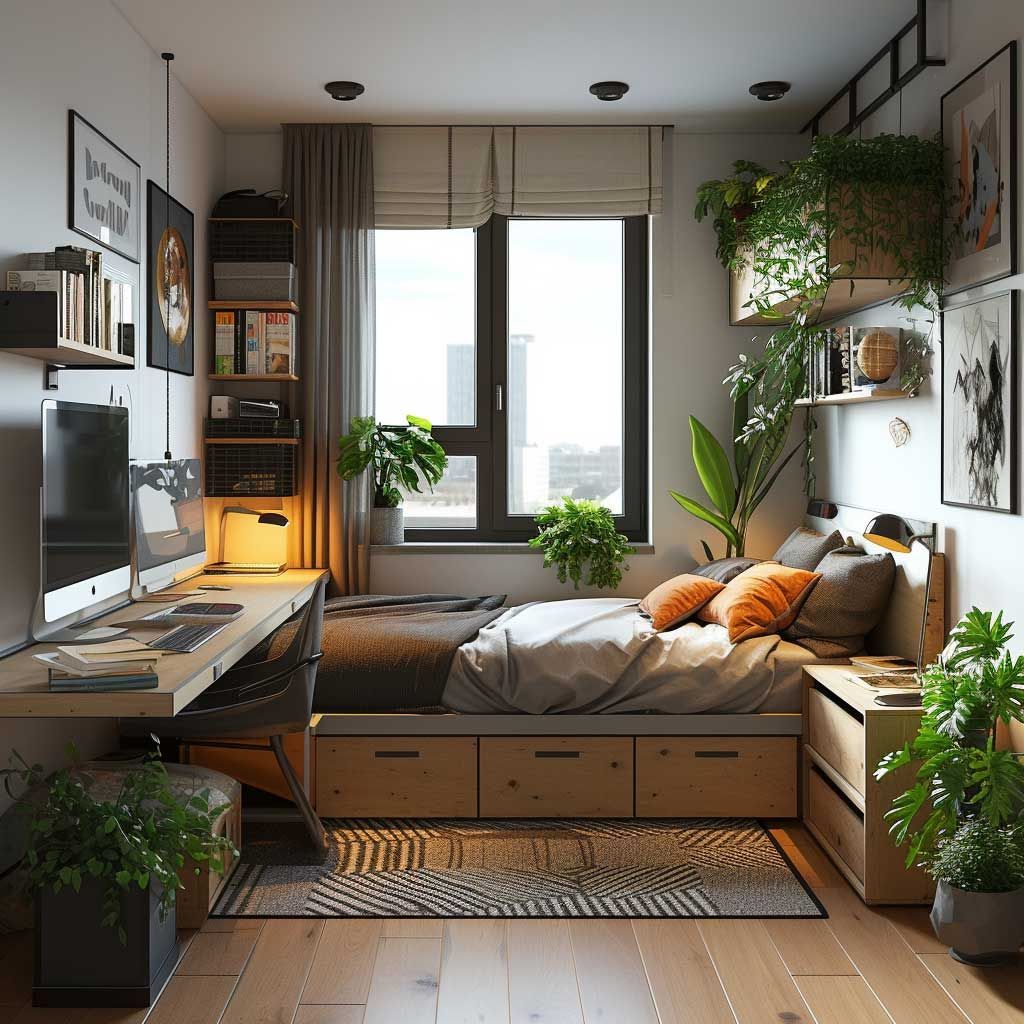 furnitur multifungsi seperti sofa bed dan meja lipat yang hemat ruang dan aesthetic.