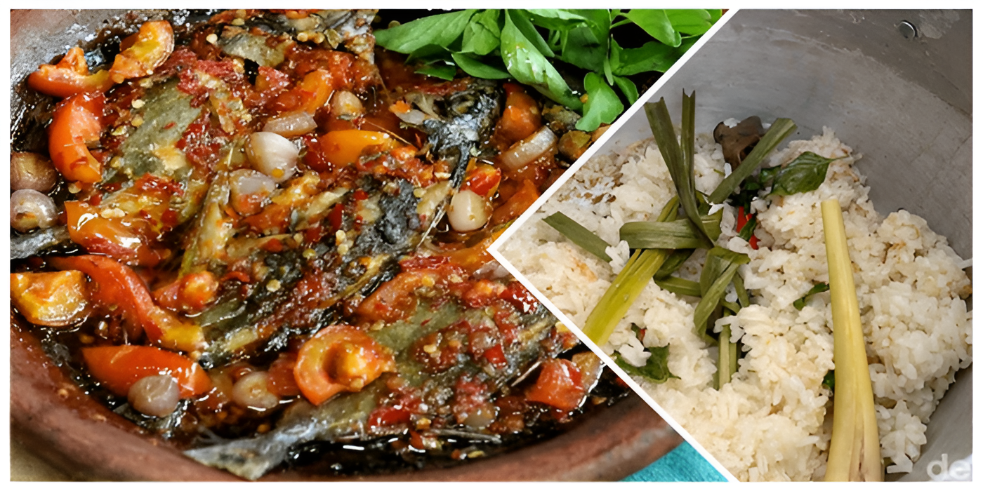 Ikan gami bawis khas Bontang disajikan di atas cobek tanah liat, berdampingan dengan nasi bekepor Kutai Kartanegara lengkap lauknya. Kuliner khas Kalimantan Timur ini menggoda banget, bikin ngiler!