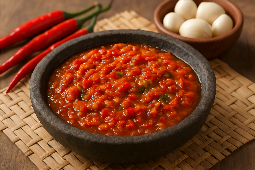 Foto sambal khas Kalimantan dengan tekstur dan warna menggoda, menggambarkan kekayaan rasa dan budaya dari sambal Raja, Acan, dan Tempoyak. sambal Kalimantan, sambal khas Banjar,