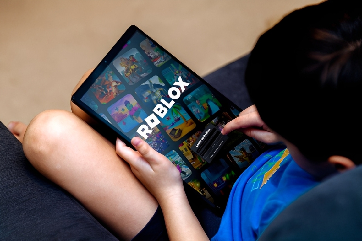Seorang anak sedang bermain game roblox.
