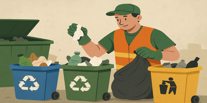 Ilustrasi warga Balikpapan sedang memilah sampah dan menanam pohon sebagai gaya hidup ramah lingkungan yang inspiratif.