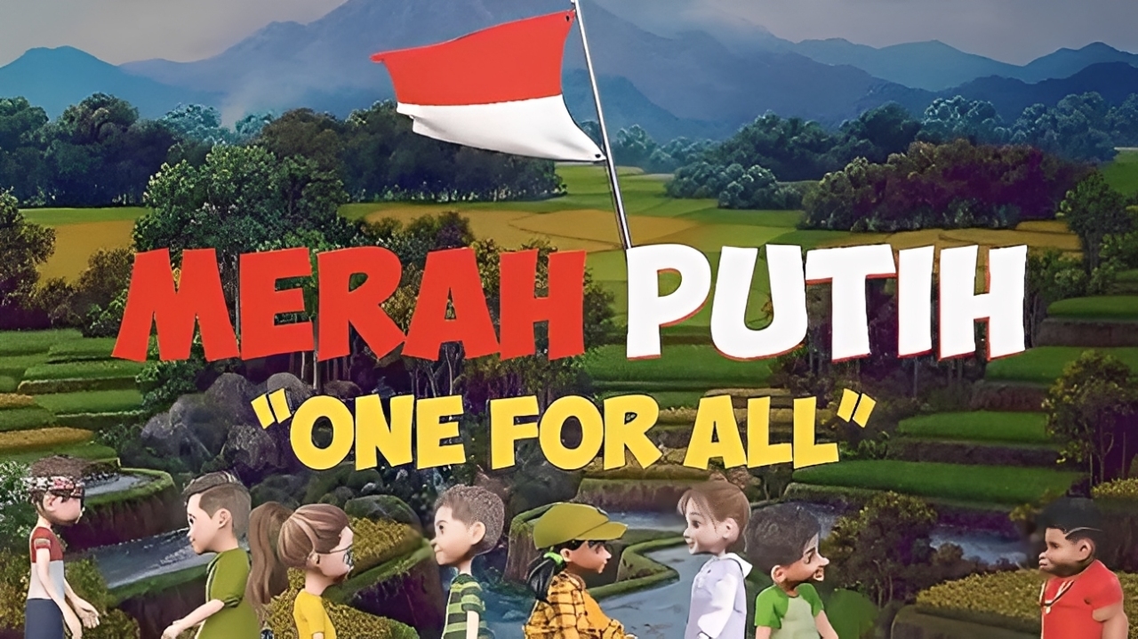 Poster film animasi Merah Putih One for All yang bercerita tentang misi heroik menyelamatkan bendera pusaka.