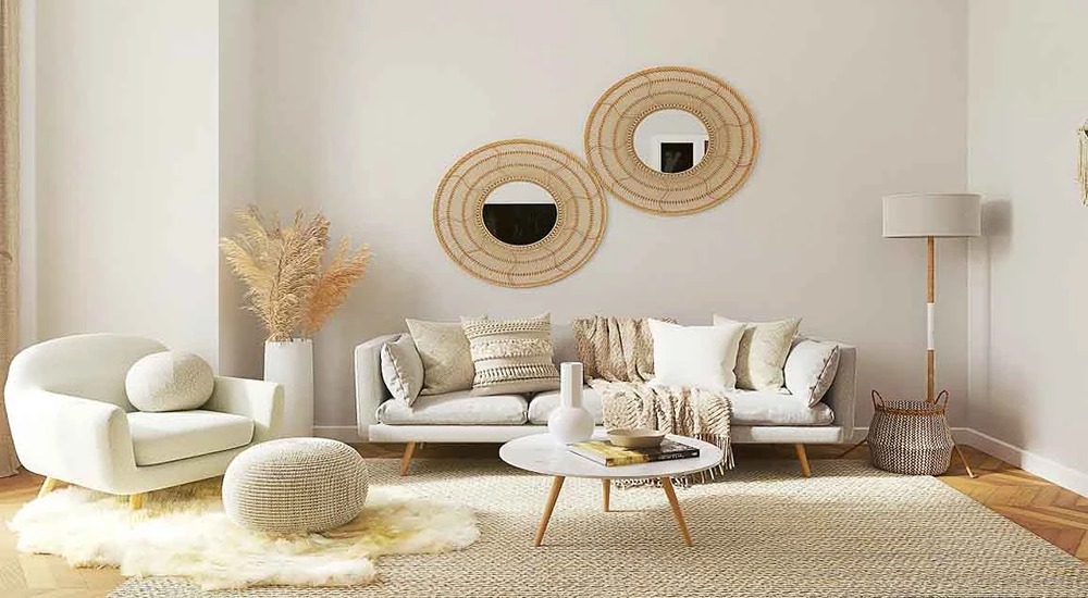 Tampilan apartemen kecil modern dengan sofa minimalis abu-abu, rak dinding kayu, lampu gantung stylish, dan tanaman hias, menciptakan suasana hangat sekaligus elegan.