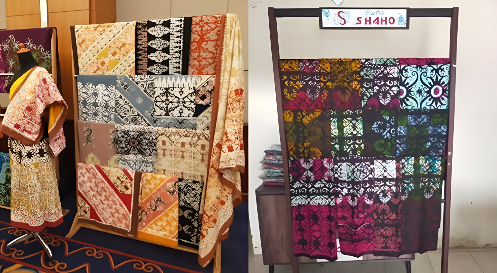 Foto kain Batik Shaho dengan motif ukiran Dayak khas Kalimantan Timur yang menggunakan pewarna alami kayu ulin, simbol budaya dan karya humanis.