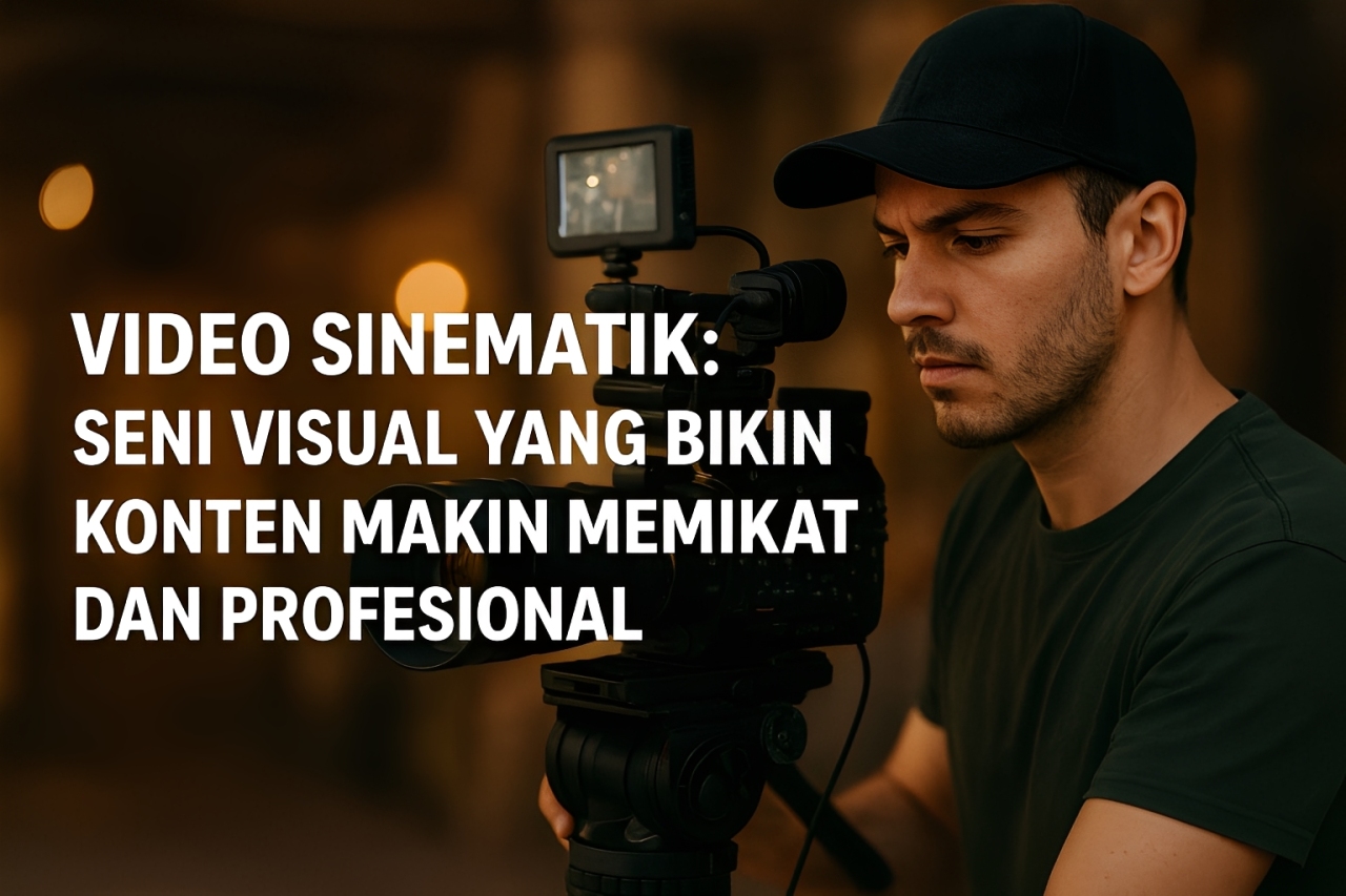 Videografer profesional dengan kamera modern menciptakan konten bergaya video sinematik yang dramatis dan memikat penonton.
