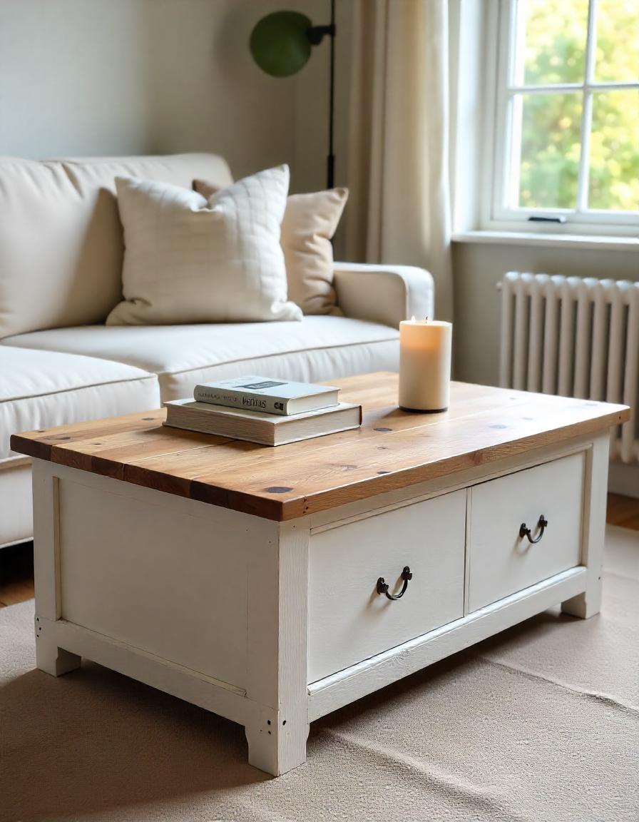 Ruang tamu hangat dengan sofa krem, meja kayu rustic, dihiasi lilin dan buku, serta cahaya alami dari jendela.