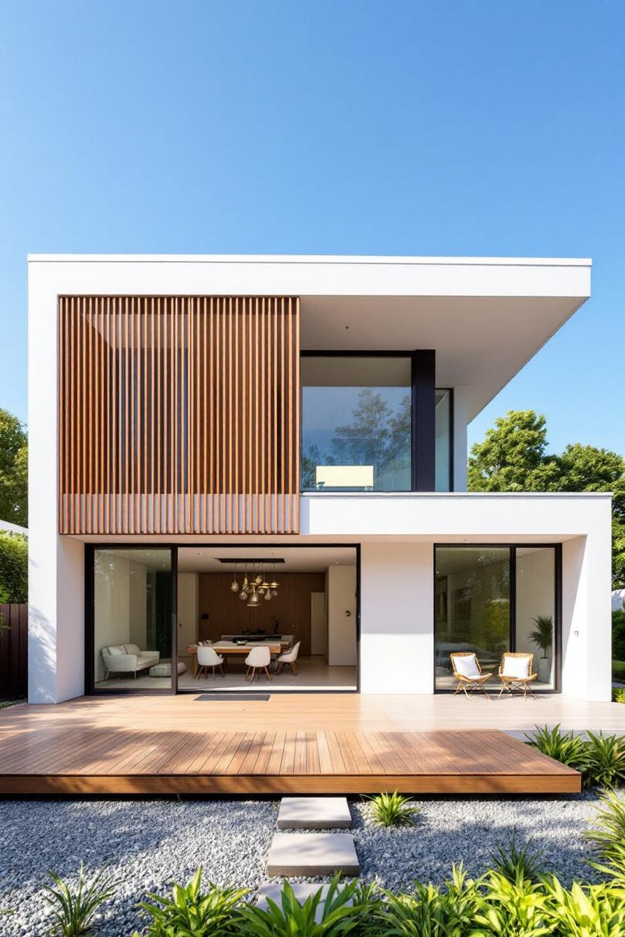 Rumah minimalis dua lantai bergaya modern dengan fasad putih bersih, aksen kayu vertikal, serta kaca besar yang menghadirkan kesan elegan dan terang.