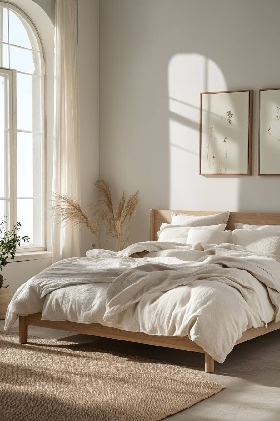 Foto kamar tidur minimalis modern dengan clean lines, neutral tones, sepia vibes, dan soft lighting menghadirkan Scandinavian cozy vibes.