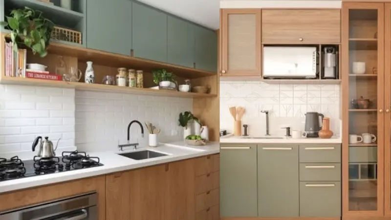 Foto dapur modern pertengahan abad dengan sentuhan kayu hangat, warna bumi, dan ubin geometris sebagai elemen desain hook yang timeless.