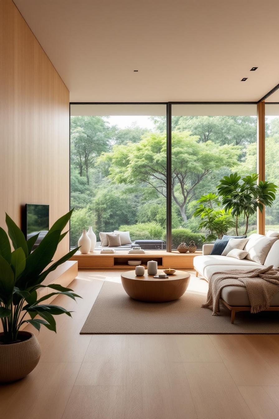 Foto ruang tamu minimalis Japandi-Scandinavian dengan sofa putih, jendela besar, dan tanaman hijau, ciptakan suasana cozy dan natural vibes.