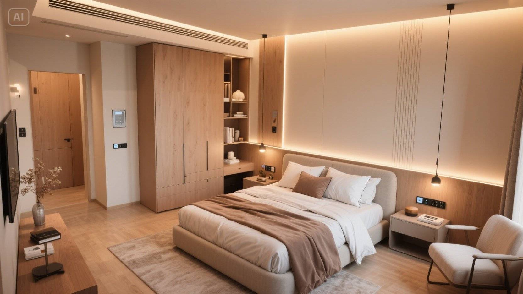 Foto kamar tidur dengan desain smart coquette bedroom, menampilkan warna lembut, lampu pintar, dan aksesoris floral modern yang estetik.