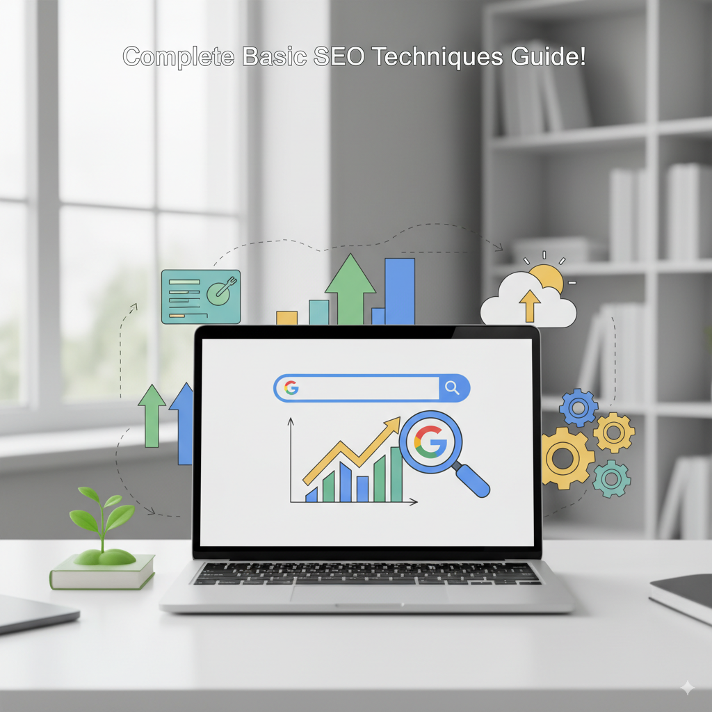lustrasi teknik dasar SEO: riset keyword, optimasi konten, backlink, dan teknis website agar mudah naik peringkat di Google.