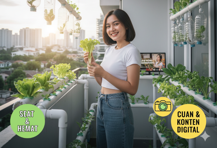 Hidroponik balkon kos dengan rak kecil berisi selada segar, menggambarkan hobi anak muda urban farming yang hits dan penuh peluang.