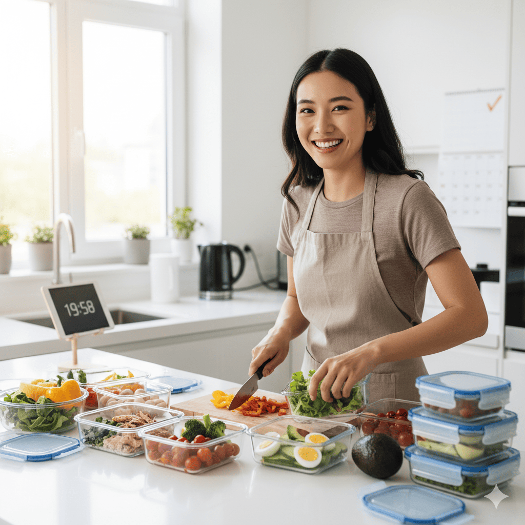 Foto meal prep sehat dalam wadah kaca dengan protein, karbohidrat, dan sayuran, ilustrasi konsep Minimum Viable Meal yang simpel dan anti ribet.