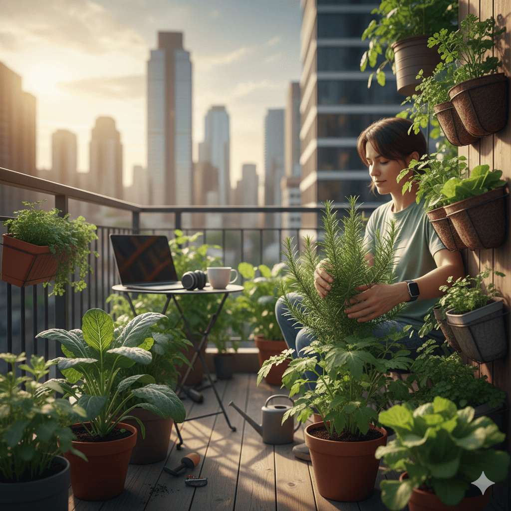Seorang pekerja remote sedang merawat urban farming balkon mini dengan tanaman hijau yang tumbuh subur, simbol green therapy modern.