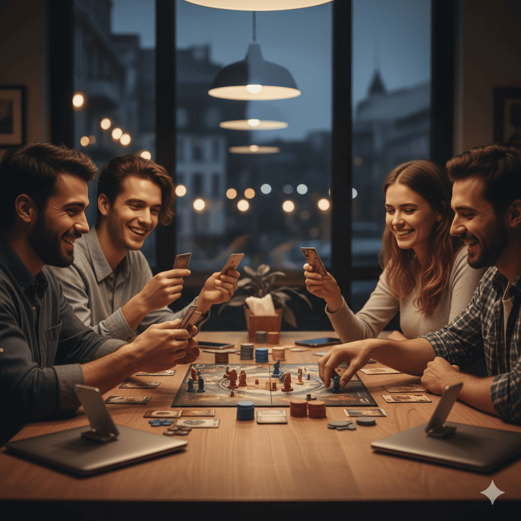Suasana hangat game night, sekelompok anak muda tertawa sambil bermain board game, menunjukkan tren board game revival sebagai hobi sosial tatap muka.