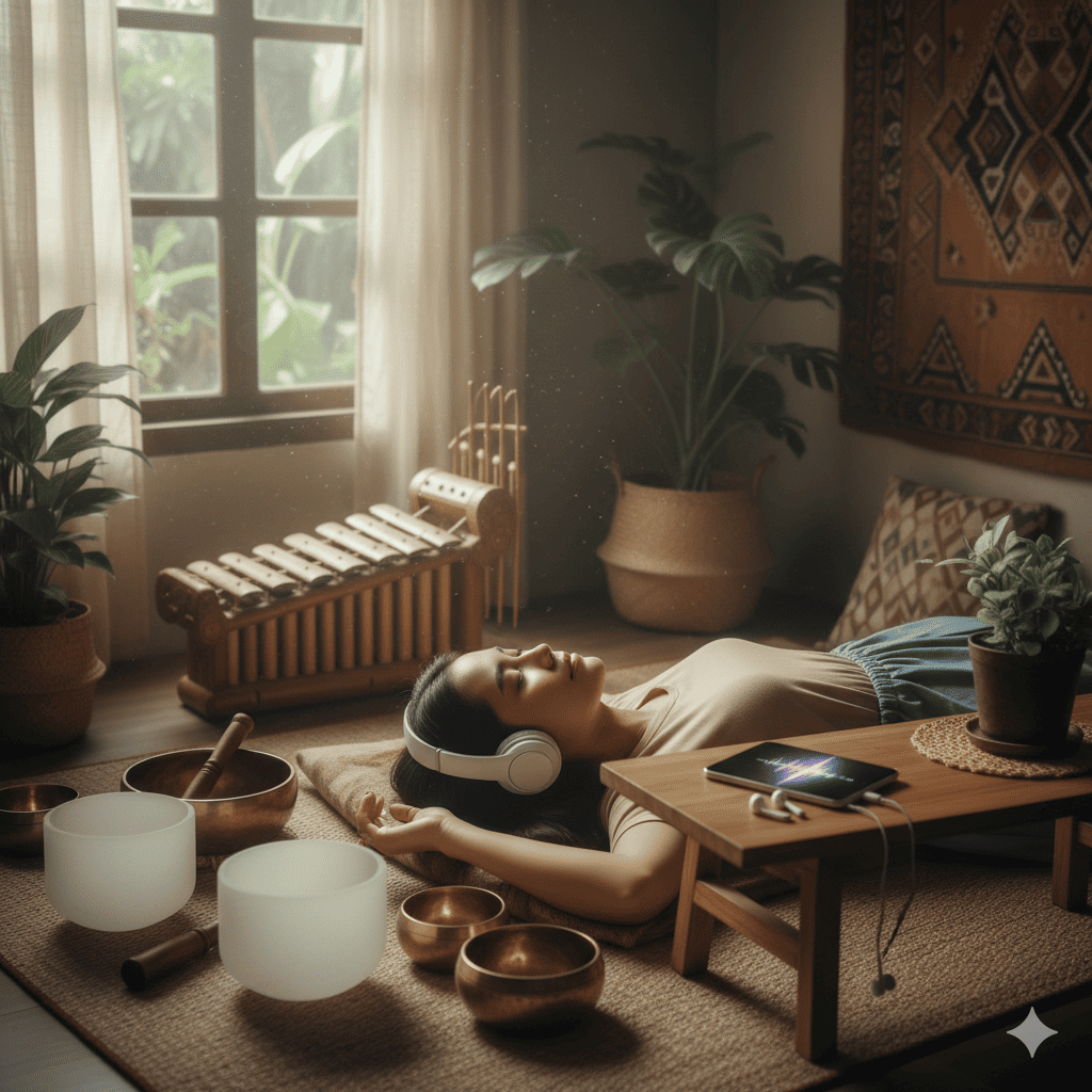 Ilustrasi anak muda menikmati sound bath dengan earphone sambil memutar rekaman suara hujan tropis sebagai terapi relaksasi audio visual lokal.